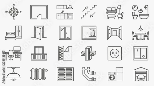 Dynamic Black and White Line Icons Set Featuring Home Furniture Appliances and Directional Elements