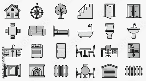 Elegant Minimalist Line Drawing Icons Set of Everyday Objects and Household Items in Monochrome