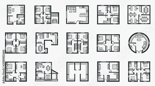 Modern Minimalist Black and White Floor Plans of Various Stylish Home and Apartment Layouts with high quality professional line art symbols for modern creative design and digital branding projects