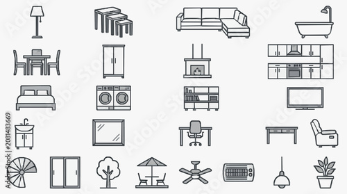 Clean Minimalist Black and White Line Icons Set of Modern Home and Office Furniture Appliances and Decor