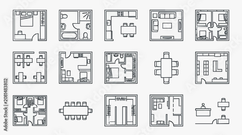 Clean Minimalist Black and White Line Drawings of Various Modern Floor Plans and Room Layouts with high quality professional line art symbols for modern creative design and digital branding projects