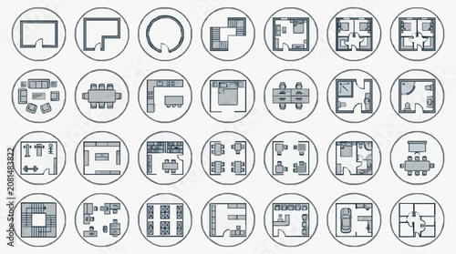 Minimalist Black and White Line Drawing Floor Plans of Various Room Layouts and Furniture Arrangements