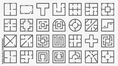 Elegant Minimalist Black and White Abstract Geometric Floor Plan and Maze Design Collection with high quality professional line art symbols for modern creative design and digital branding projects