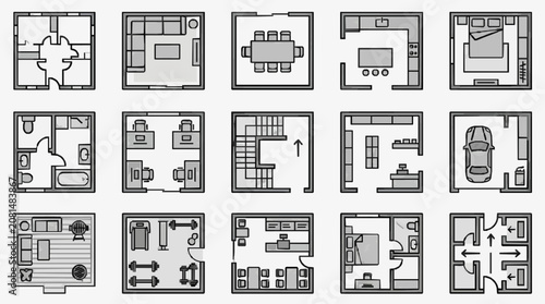 Dynamic Floor Plan Icons Showcasing Various Room Layouts with Furniture and Fixtures in Monochrome