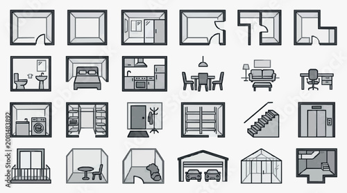 Creative Minimalist Line Drawing Icons Set of Various Room Layouts and Household Spaces in Monochrome
