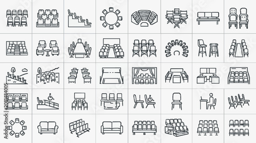 Sleek Black and White Line Icons Set of Various Seating and Event Arrangement Styles for Presentations