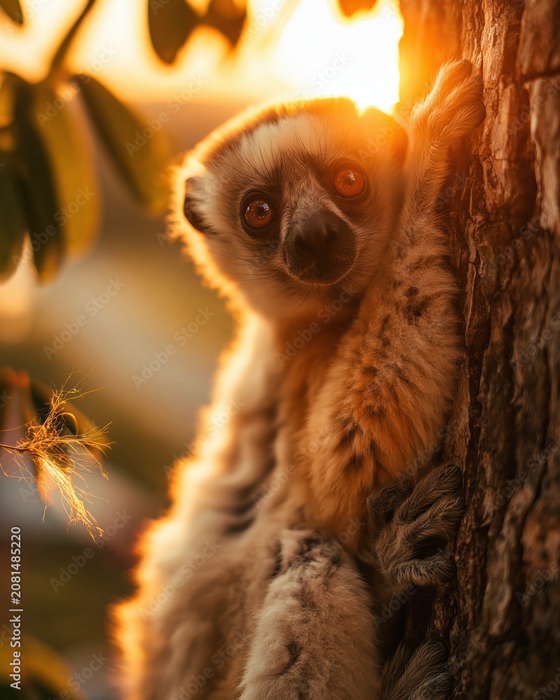 Fototapeta premium Diademed sifaka lemur clinging to a tree trunk in a golden sunlit forest, showing plush fur and gentle expression for wildlife and nature conservation