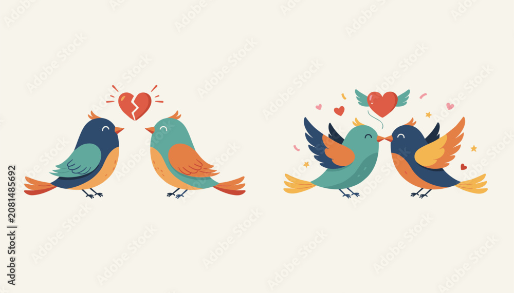 Fototapeta premium Two scenes of cartoon birds showing a broken relationship with a cracked heart and a happy loving couple.