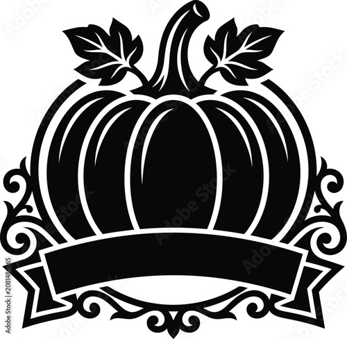 Black pumpkin icon with banner for halloween or fall decor