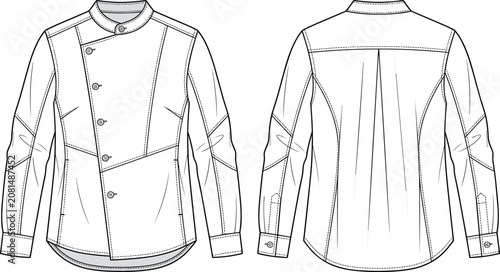 Women's Asymmetrical Button Front Blouse Technical Flat Sketch Front and Back View Apparel CAD Vector Template