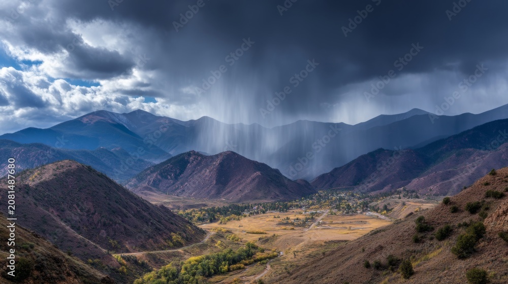 Fototapeta premium Dramatic Mountain Landscape with Storm Clouds and Rain Showers Over Valley Surrounded by Peaks, Offering a Breathtaking Natural Scene