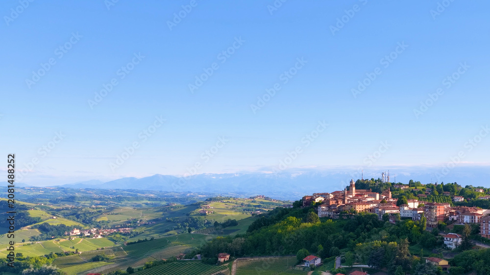 Fototapeta premium Aerial View of Barolo Village and Vineyards in Piedmont Italy