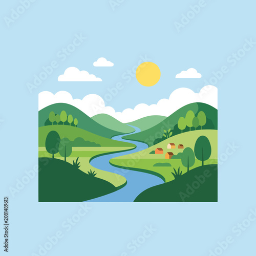 A peaceful green valley with a winding blue river