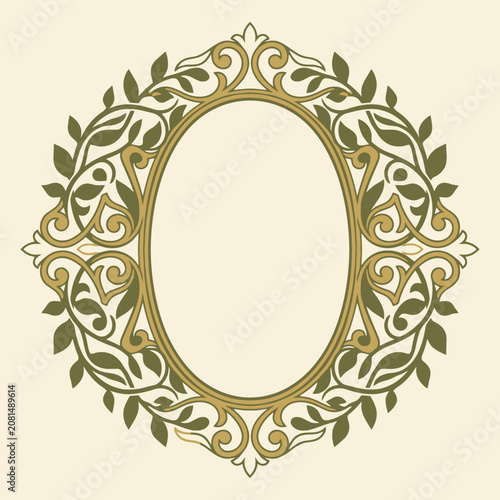 Elegant vintage oval frame with green leaves and gold swirls
