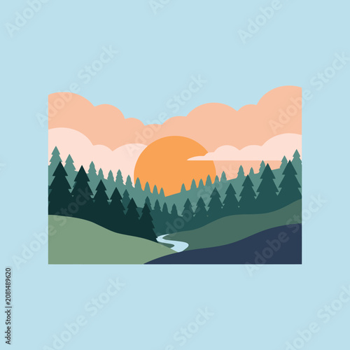 A flat vector illustration of a sunset over a forest