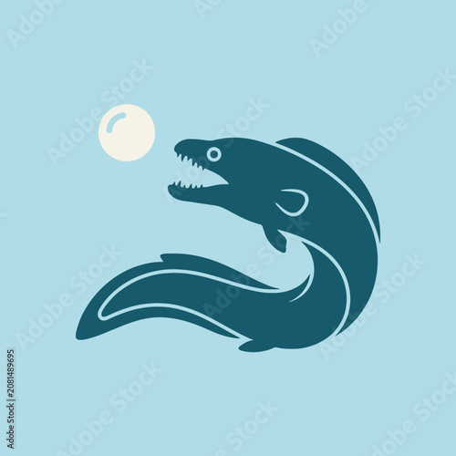 A dark blue moray eel swims near a white bubble