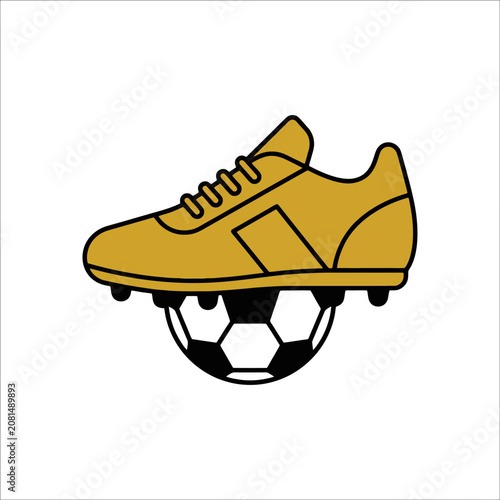 A golden soccer cleat rests on a black and white ball