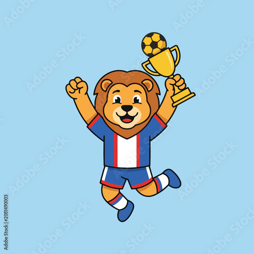 A happy cartoon lion athlete celebrates with a golden trophy