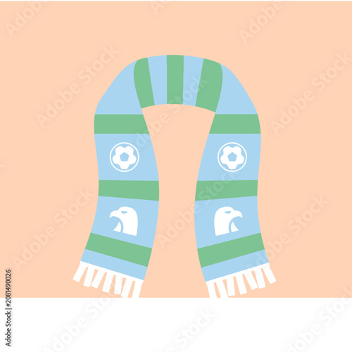 A striped winter scarf with eagle and ball icons on it