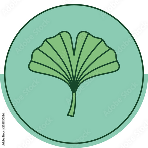 A simple green ginkgo leaf illustration inside a circular frame