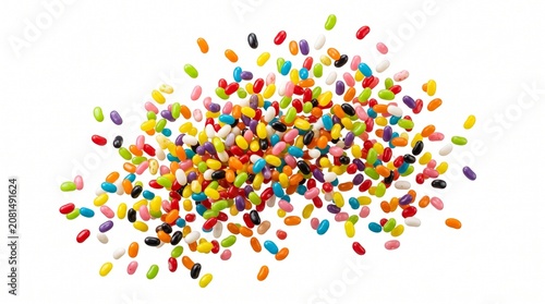 Jelly Beans Burst Explosion Frozen in Mid-Air Isolated on White Background