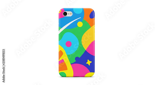 Vibrant geometric abstract with overlapping colorful shapes and a playful character rainbow