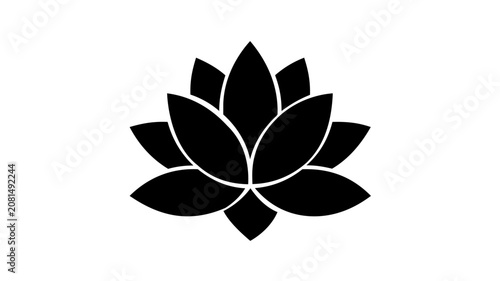 Bold black lotus flower vector icon with layered petals, minimalist silhouette, tropical botanical symbol, clean flat nature illustration for yoga, spa, wellness, meditation branding and decor