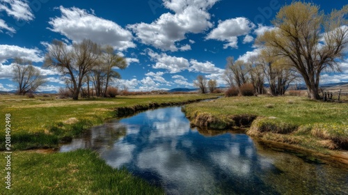 Serene countryside landscape with clear stream reflecting blue sky and clouds, lush grass, and trees, capturing the beauty of nature in tranquil settings