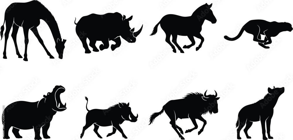 Fototapeta premium African Animal Silhouette Collection Featuring Giraffe, Rhino, Zebra, Cheetah, Hippo, Warthog, Wildebeest, and Hyena