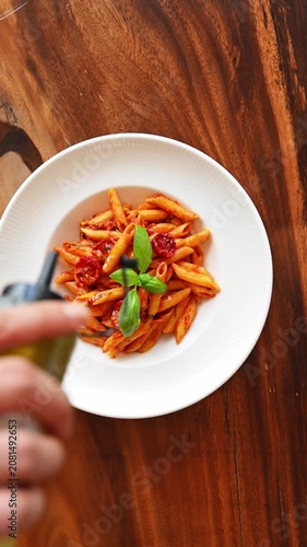 Plating a dish in a luxury restaurant. Pouring olive oil from a dispenser bottle over a freshly plated dish of penne pasta