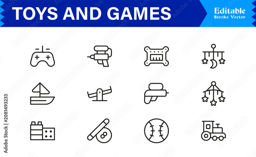 Fototapeta premium Toys and Games Professional Line Icon Set – Modern, Minimal, Editable Vector Collection of Fun Playthings and Activities for Digital Projects