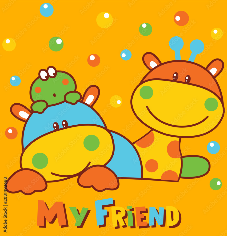 Fototapeta premium Friendly safari giraffe and chubby baby hippo standing together, lovely animal connection vector for screen printing