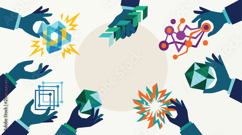 Business hands interacting with digital technology icons and abstract geometric assets, business