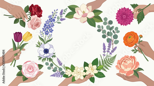 Diverse hands holding various fresh flowers arranged in a wreath frame with botanical, blooming
