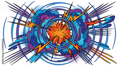 Comic style cartoon explosion graphic with lightning bolts and abstract lines on white background