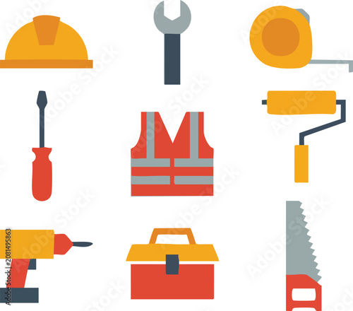 Set of flat construction tools and equipment icons for building and renovation projects with industry