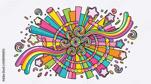 Abstract colorful candy explosion design with rainbow rays and star shapes multi colored explosion
