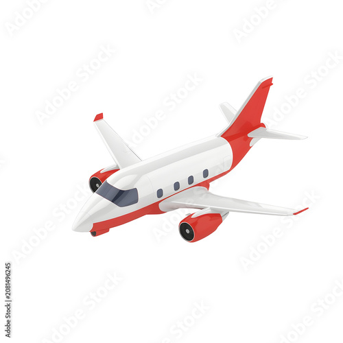 Modern red and white business jet airplane flying through the air on transparent background