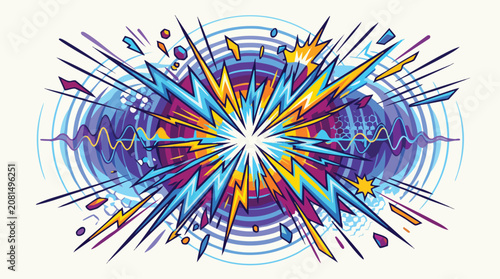 Energetic abstract explosion with lightning bolts and radial sound waves multi colored explosion