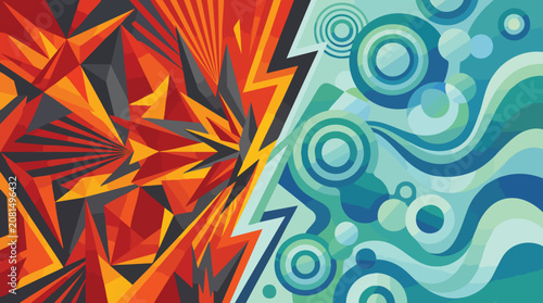 Abstract artistic contrast between red sharp geometric spikes and flowing blue circles