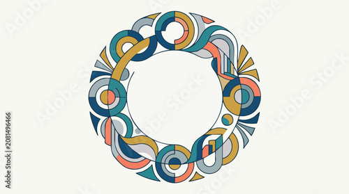Circular geometric frame design with colorful interconnected circles and abstract lines
