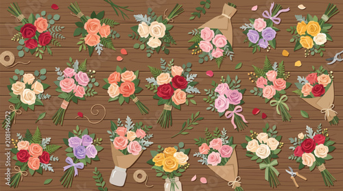 Flat lay arrangement of colorful flower bouquets on wooden background with blooming