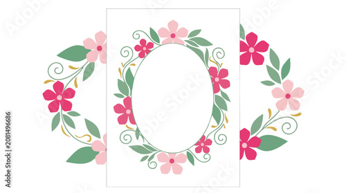 Floral frame border design with pink flowers and green leaves on white background