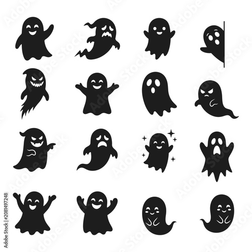 Halloween ghost silhouettes collection spooky vector graphics for seasonal designs party decorations and digital art projects