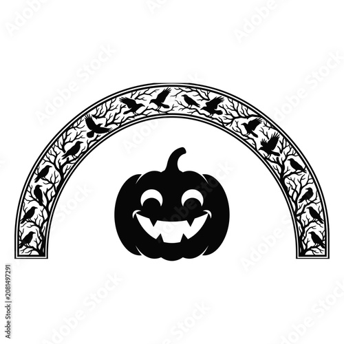 Spooky halloween jack o' lantern with ravens and bare branches archway black and white vector illustration
