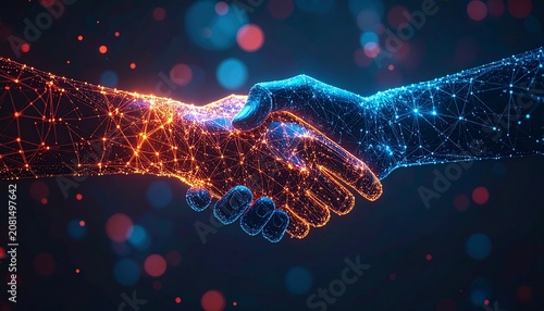 Digital handshake connecting two worlds, symbolizing partnership and technology.