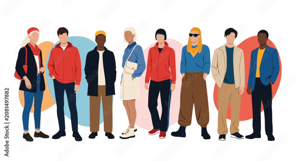 Obraz premium Diverse group of fashionable young people standing together in a row wearing stylish casual outfits on a clean white background.