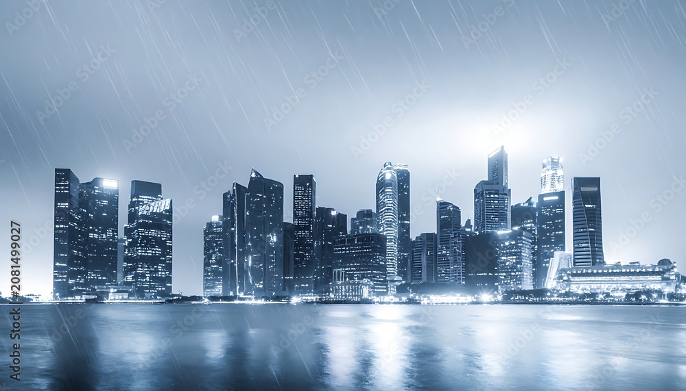 Fototapeta premium City skyline at night with rain falling