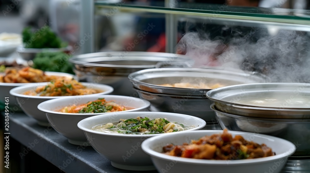 Fototapeta premium Gourmet meal prepa n at a brightly lit clean street stall located in a lively outdoor market setting