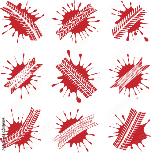 Dynamic red tire tracks leaving dramatic splatters on a surface perfect for automotive and extreme sports designs